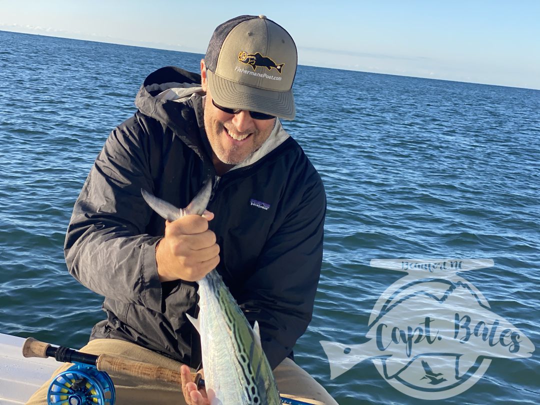 Fun times and excellent fishing today! By 0830 Gary said he had enough to write the article for @fishermans.post and he caught his first #falsealbacore on fly!! But we couldn’t stop there, we had to go see what #capelookout is famous for and she didn’t disappoint. Baitballs and blitzing fish. #atlanticbeachnc #flyfishing #albiefever #saltwaterflyfishing #fall #fishing #flyfishingaddict #albiethere