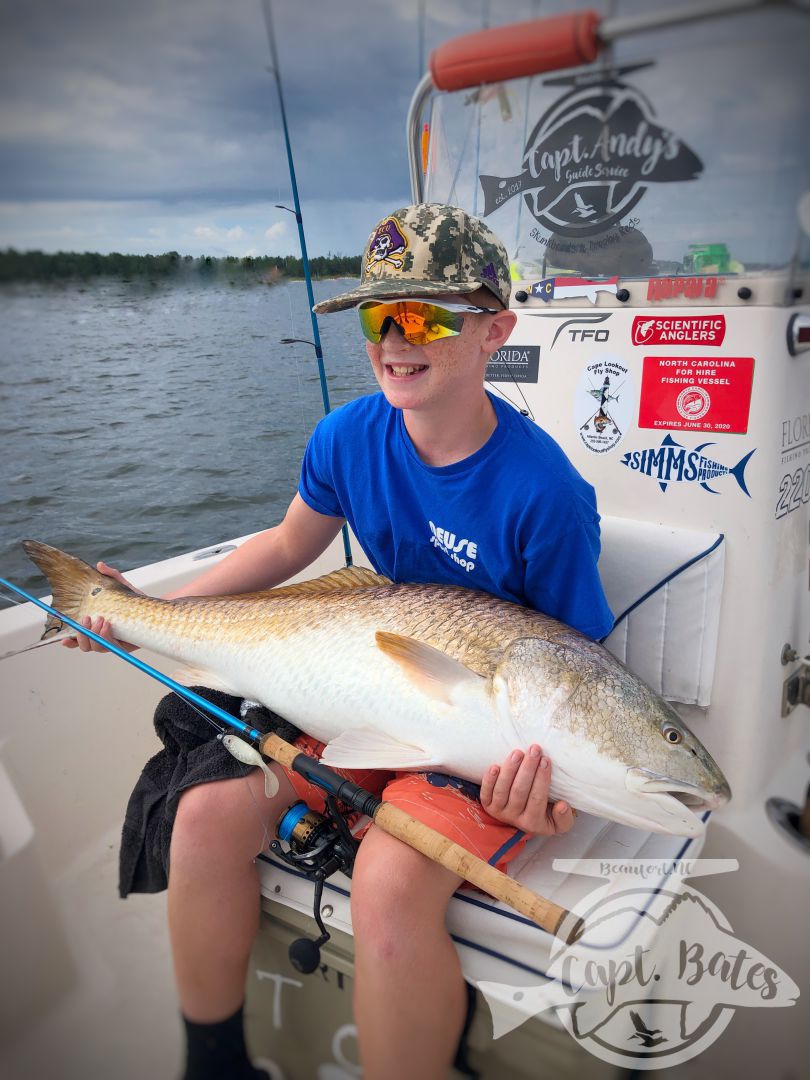 Battled and ran from thunderstorms all day but had about 10 minutes of pure chaos, when we found ourselves in the middle of a big school of trophy drum thrashing and feeding on everything in sight! Lucas’ dad hooked up on the bow first, he was getting ready to hand Lucas the rod, when Lucas hooked up! His dads cork got ate by another drum and broke off! I kept handing him rods and as soon as he’d cast he’d hook up but another fish would eat the cork and break us off! That happened 3 times, all Expect for this one that Lucas landed! We had them feeding within feet of the boat at one point!

So, In two days he caught his personal best speckled trout, PB redfish and the biggest fish he ever caught! Not to mention, he also got to witness a drum feeding frenzy that most people never get to see. Sometimes the toughest conditions, toughest days, are the most rewarding! I guarantee that is a fish and moment, neither him nor his dad will ever forget! The new Temple Fork Outfitters inshore series MH and the Florida Fishing Products Osprey 5000 are the best tools for this fishery, hands down.