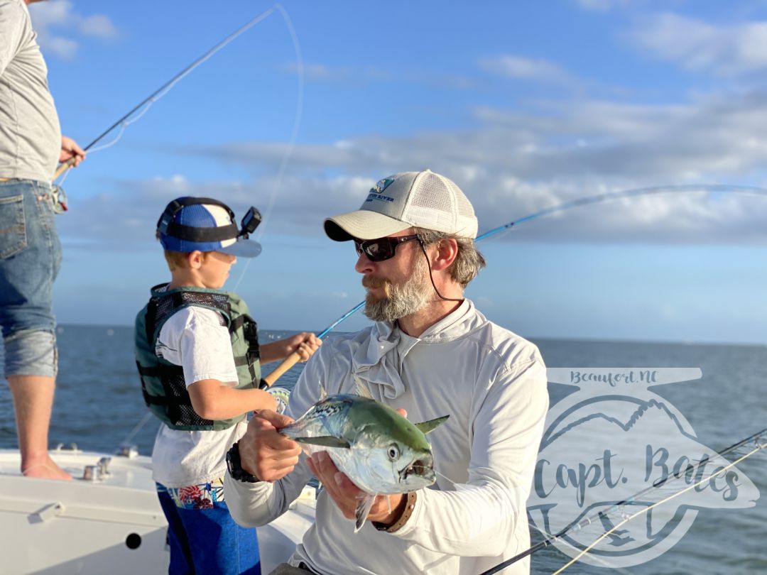 “Organized Chaos” was the phrase of the afternoon on an incredible false albacore blitz! Doubles, triple hookups on fly, swimming to remove a fly line from prop, fish Bustin so close to boat hard to cast to, and 11year old Buddy yelling “Trout set!” To Greg 