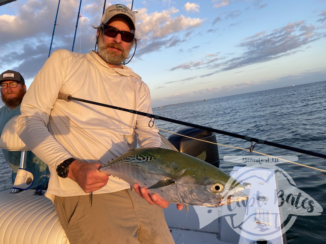 “Organized Chaos” was the phrase of the afternoon on an incredible false albacore blitz! Doubles, triple hookups on fly, swimming to remove a fly line from prop, fish Bustin so close to boat hard to cast to, and 11year old Buddy yelling “Trout set!” To Greg 