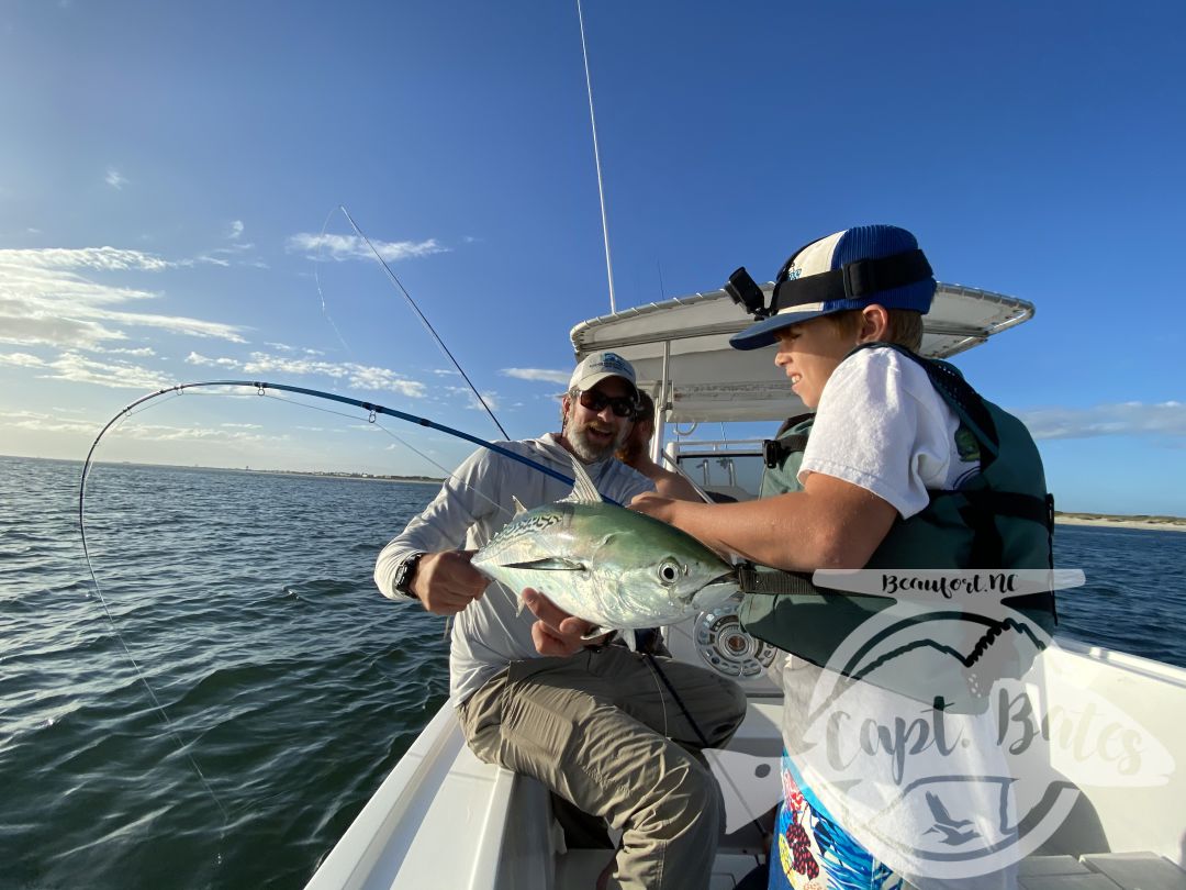 “Organized Chaos” was the phrase of the afternoon on an incredible false albacore blitz! Doubles, triple hookups on fly, swimming to remove a fly line from prop, fish Bustin so close to boat hard to cast to, and 11year old Buddy yelling “Trout set!” To Greg 