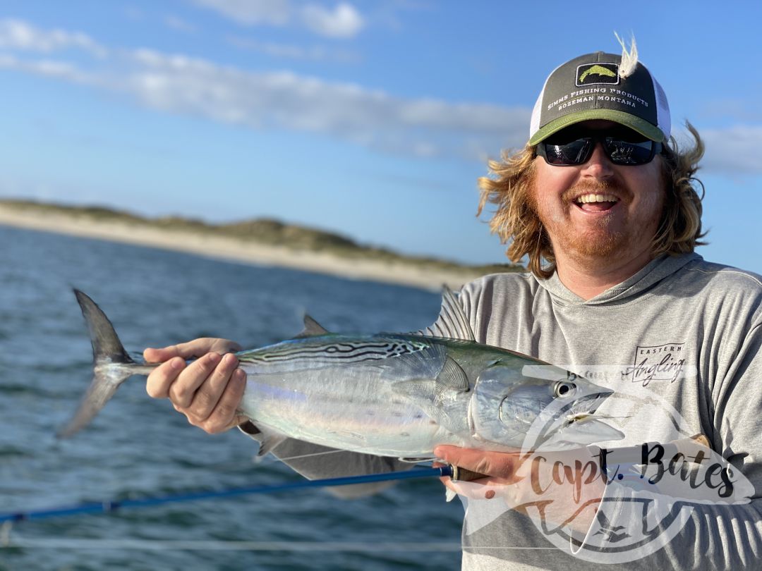 “Organized Chaos” was the phrase of the afternoon on an incredible false albacore blitz! Doubles, triple hookups on fly, swimming to remove a fly line from prop, fish Bustin so close to boat hard to cast to, and 11year old Buddy yelling “Trout set!” To Greg 