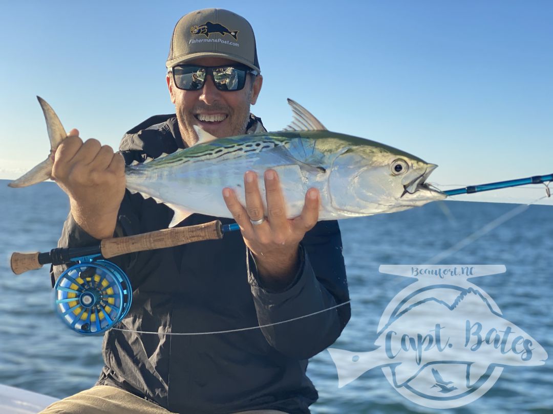 Fun times and excellent fishing today! By 0830 Gary said he had enough to write the article for @fishermans.post and he caught his first #falsealbacore on fly!! But we couldn’t stop there, we had to go see what #capelookout is famous for and she didn’t disappoint. Baitballs and blitzing fish. #atlanticbeachnc #flyfishing #albiefever #saltwaterflyfishing #fall #fishing #flyfishingaddict #albiethere