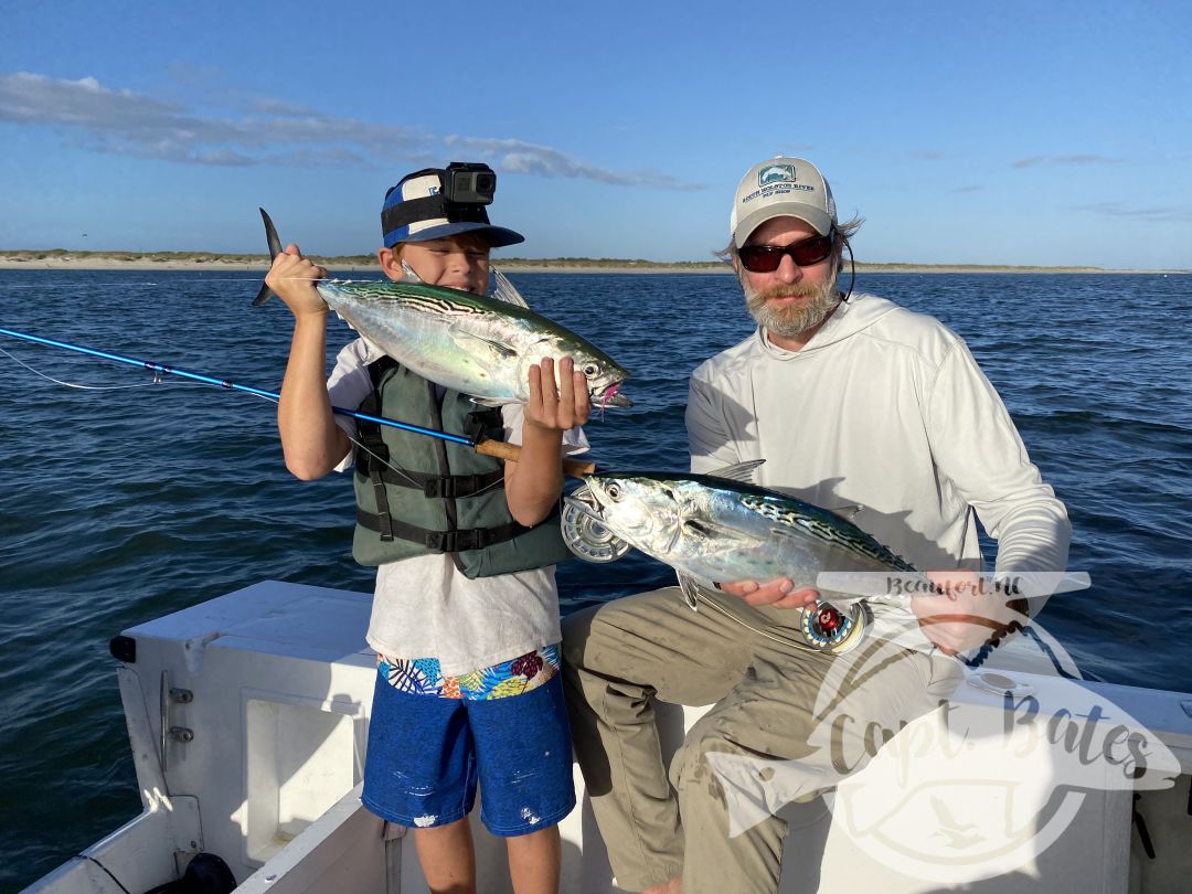 “Organized Chaos” was the phrase of the afternoon on an incredible false albacore blitz! Doubles, triple hookups on fly, swimming to remove a fly line from prop, fish Bustin so close to boat hard to cast to, and 11year old Buddy yelling “Trout set!” To Greg 